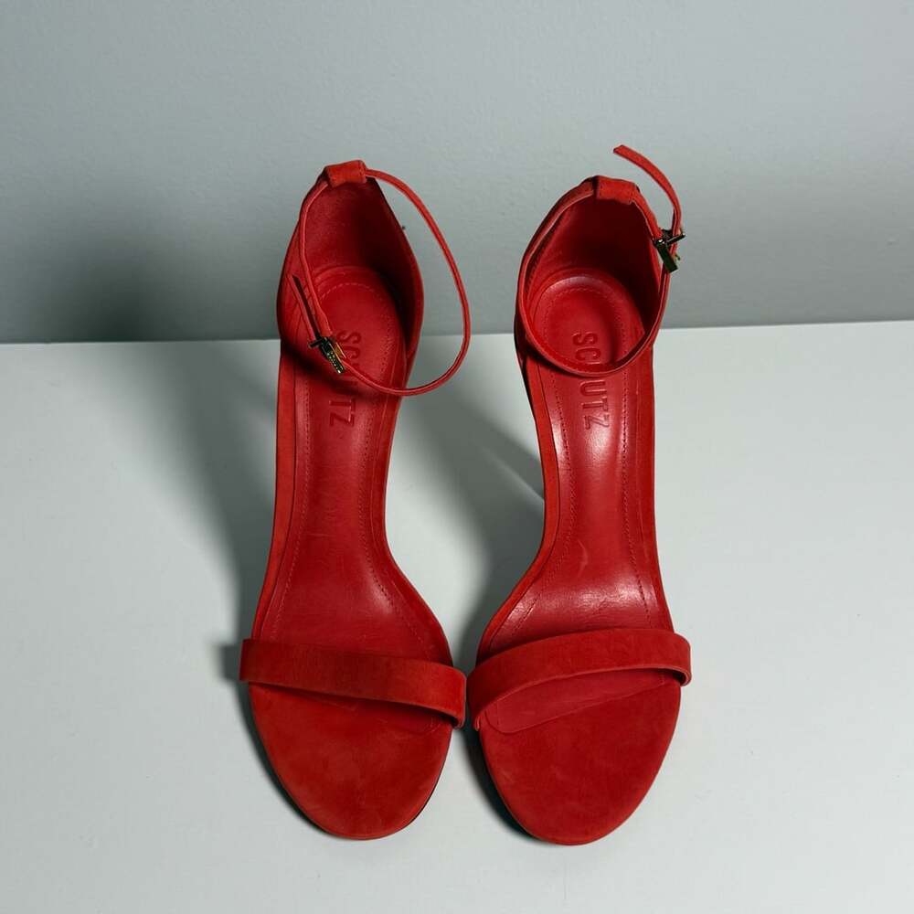 Schutz Red Suede Block Heel Ankle Strap Sandals